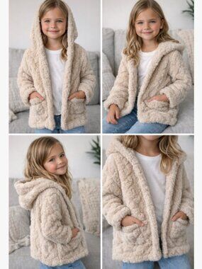 Girls Teddy Fleece Hooded Cardigan 6Y Beige Cozy Plush Jacket Soft
